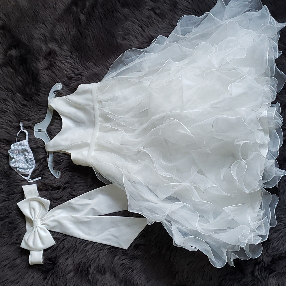 David's Bridal White Girls' Formal Ruffled Organza Dress with Sash & Bow